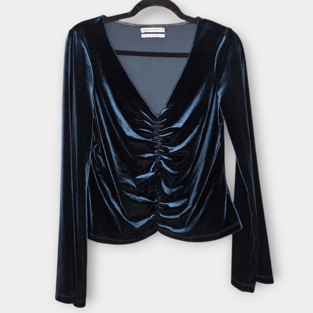 Urban Outfitters Ruched Middle Dark Green Velvet Flare Sleeve Top Women's Med